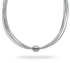 18" Tahitian Black Pearl Necklace in Stainless Steel - 12-14mm