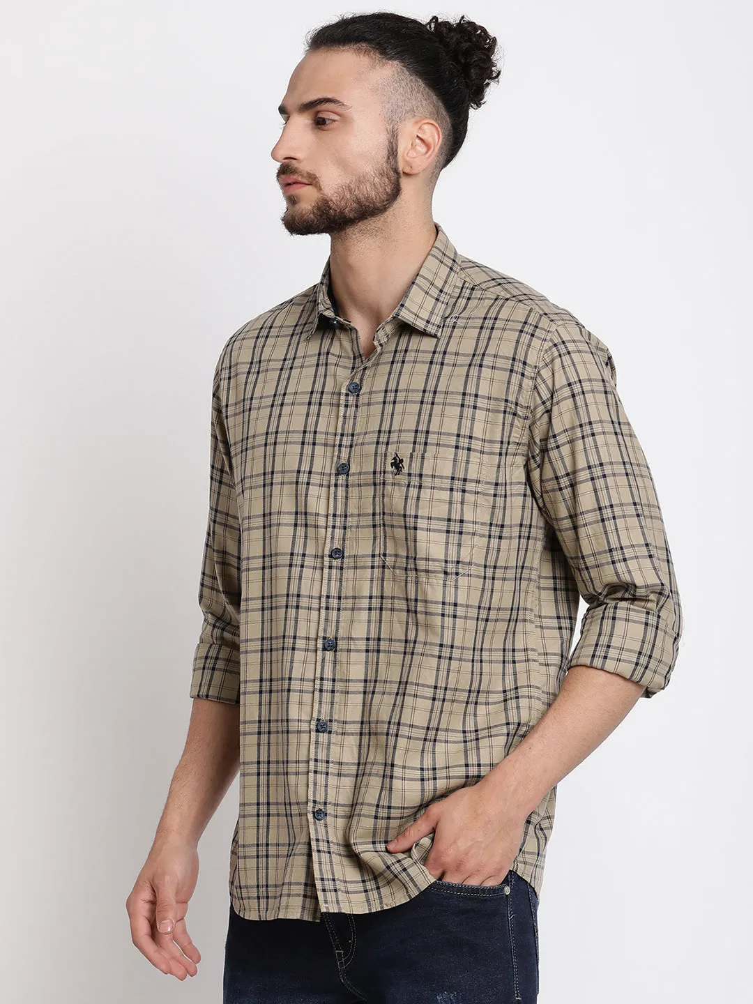 Cantabil Cotton Checkered Brown Full Sleeve Casual Shirt for Men with Pocket