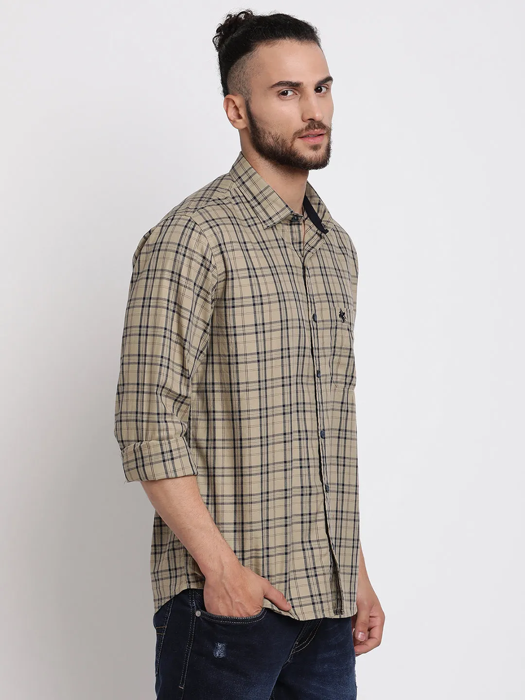 Cantabil Cotton Checkered Brown Full Sleeve Casual Shirt for Men with Pocket