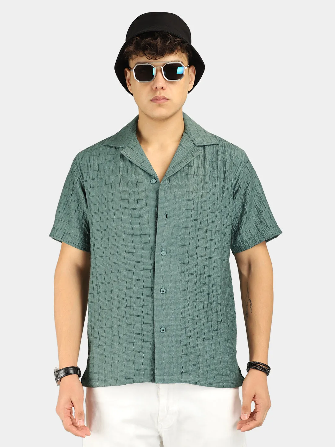 Crotchet Dark Green Half Sleeve Shirt