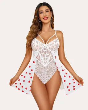 Heart Print Floral Lace Snap Crotch Teddy