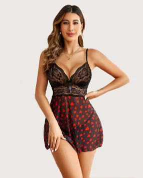 Lace Heart Print Halter V Neck Babydoll