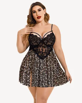 Plus Size Lace Leopard Side Slit Nightdress