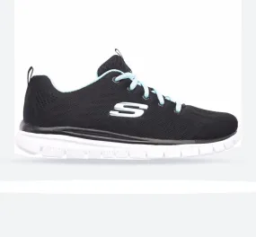 Women's Wide Fit Skechers 12615  Graceful Get Connected Sports Sneakers - Black/Turquoise